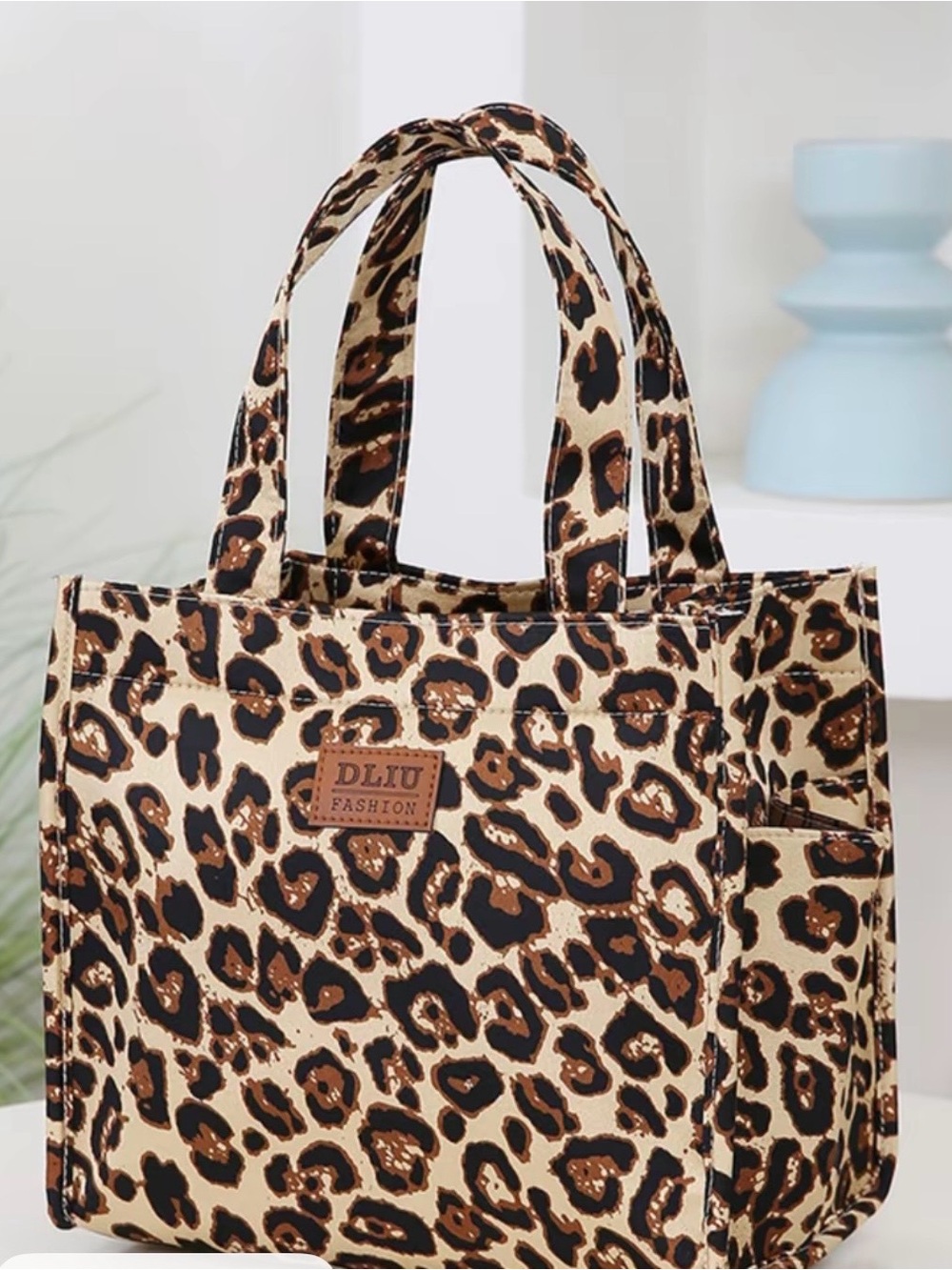 Leopard Print Tote Bag Purse Lunch Bag - Brown/Black
